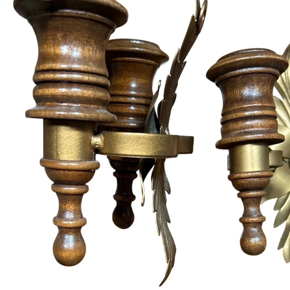 Vintage Pair Gold Metal Acanthus Leaf & Wood Double Wall Sconce Candle Holders